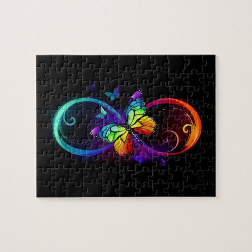 Vibrant infinity with rainbow butterfly on black jigsaw puzzle