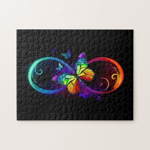 Vibrant infinity with rainbow butterfly on black jigsaw puzzle