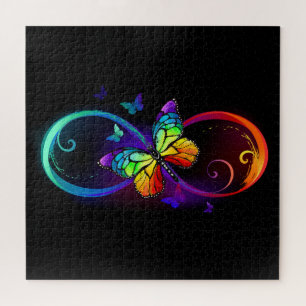 Vibrant infinity with rainbow butterfly on black jigsaw puzzle