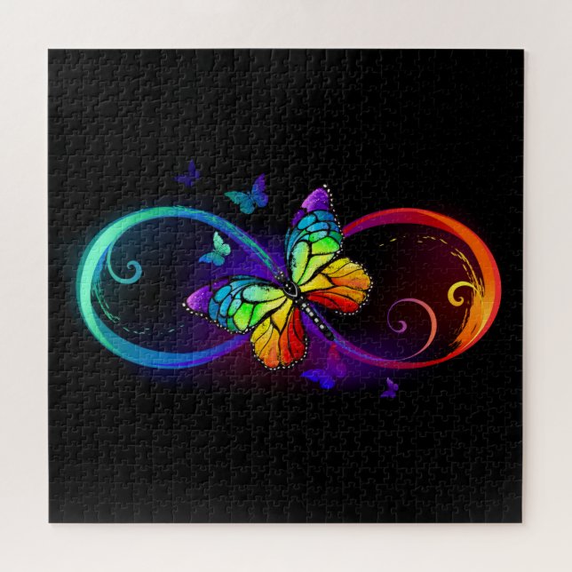 Vibrant infinity with rainbow butterfly on black jigsaw puzzle (Horizontal)