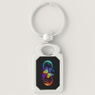 Vibrant infinity with rainbow butterfly on black keychain