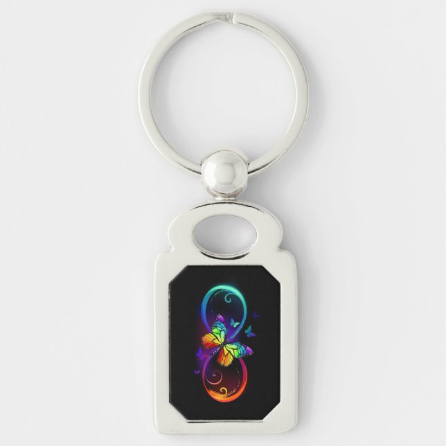 Vibrant infinity with rainbow butterfly on black keychain (Front)