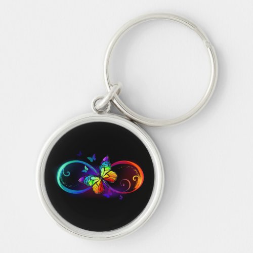 Vibrant infinity with rainbow butterfly on black keychain