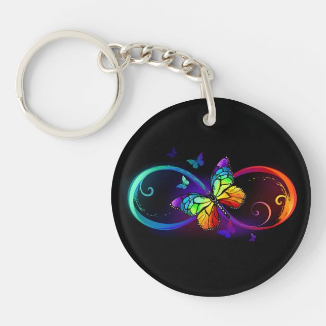 Vibrant infinity with rainbow butterfly on black keychain (Front)