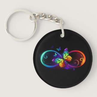 Vibrant infinity with rainbow butterfly on black keychain