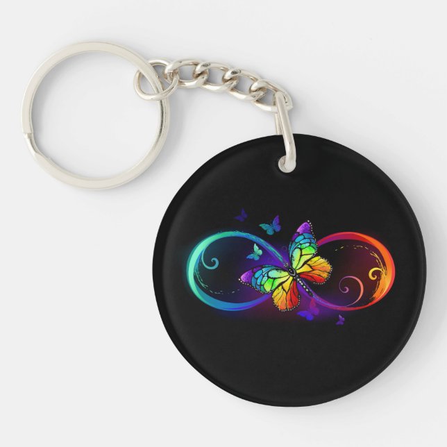 Vibrant infinity with rainbow butterfly on black keychain (Front)