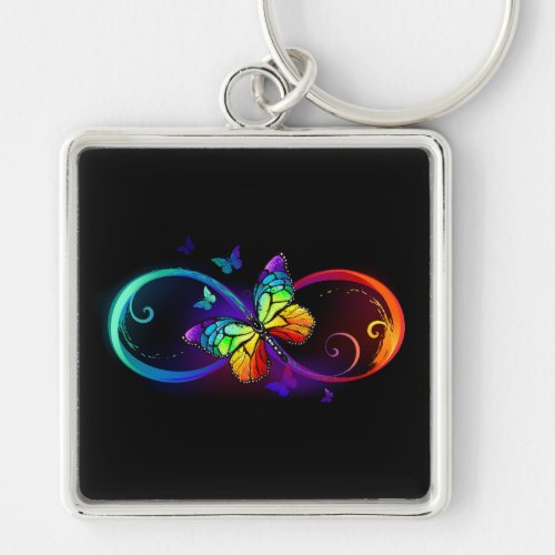 Vibrant infinity with rainbow butterfly on black keychain