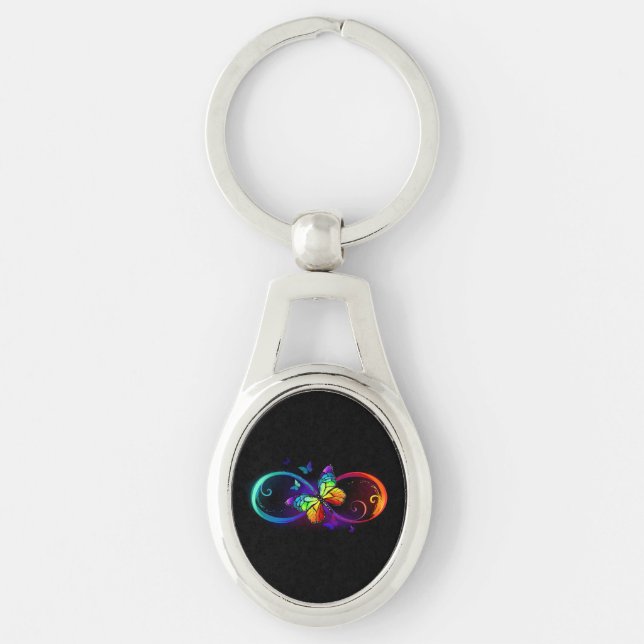 Vibrant infinity with rainbow butterfly on black  keychain (Front)