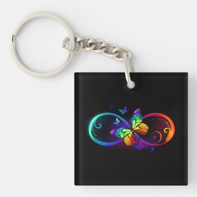 Vibrant infinity with rainbow butterfly on black keychain (Front)