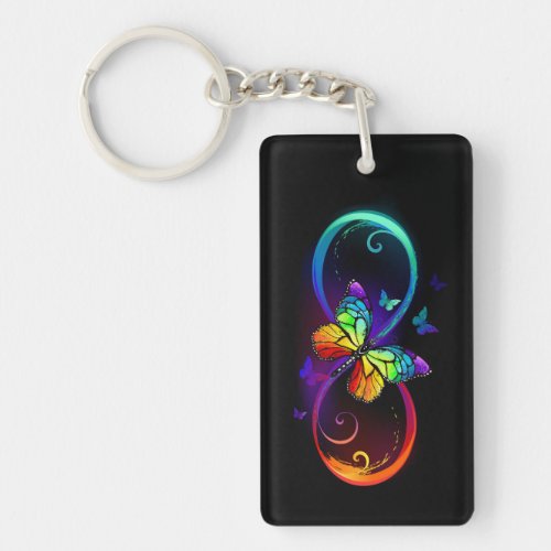 Vibrant infinity with rainbow butterfly on black keychain