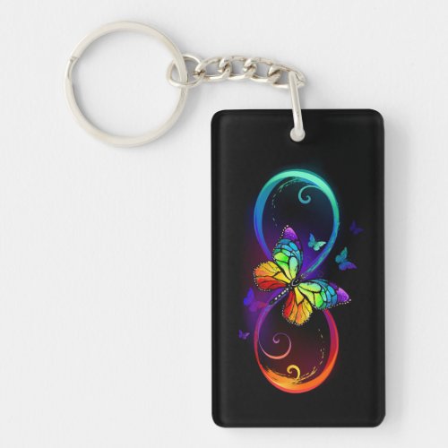 Vibrant infinity with rainbow butterfly on black keychain