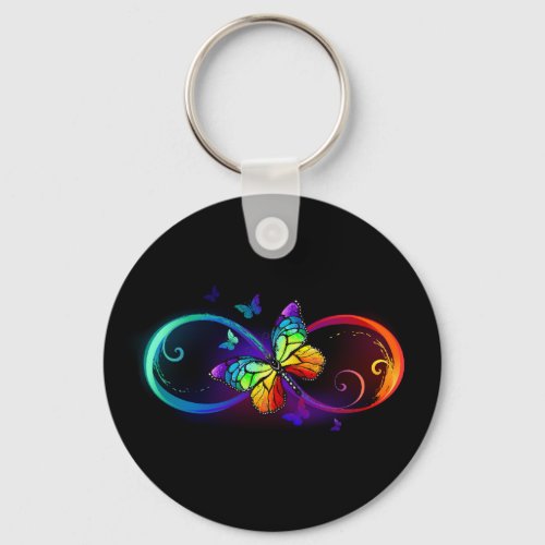 Vibrant infinity with rainbow butterfly on black keychain