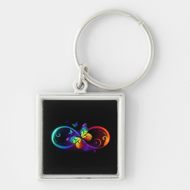 Vibrant infinity with rainbow butterfly on black keychain (Front)