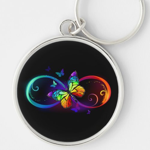 Vibrant infinity with rainbow butterfly on black keychain