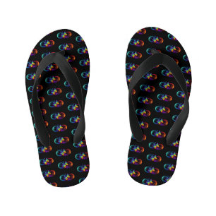 Vibrant infinity with rainbow butterfly on black kid's flip flops