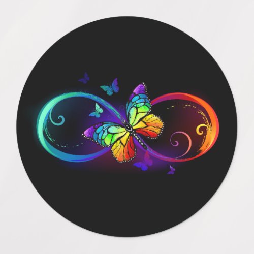 Vibrant infinity with rainbow butterfly on black kids labels