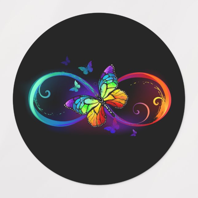 Vibrant infinity with rainbow butterfly on black kids' labels (Design 1)