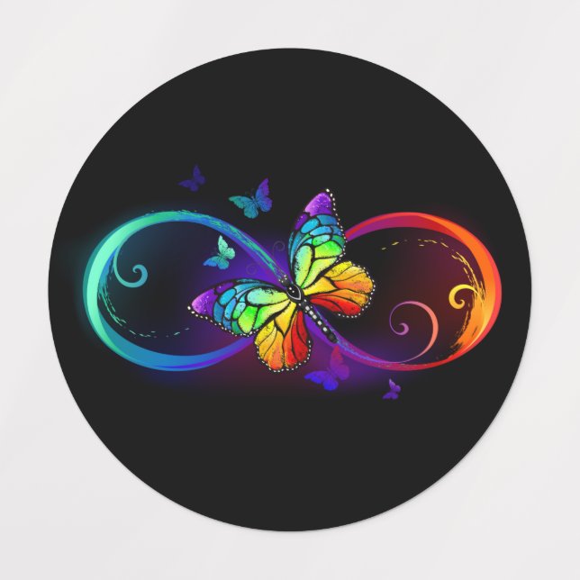 Vibrant infinity with rainbow butterfly on black kids' labels (Design 1)