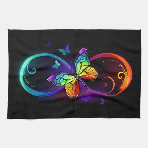 Vibrant infinity with rainbow butterfly on black kitchen towel