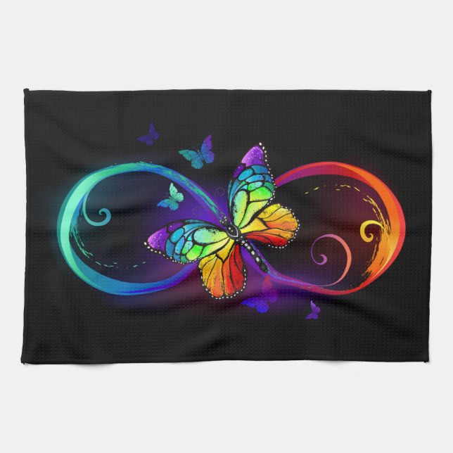 Vibrant infinity with rainbow butterfly on black kitchen towel (Horizontal)