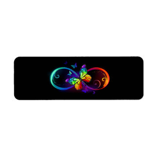 Vibrant infinity with rainbow butterfly on black label