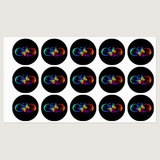 Vibrant infinity with rainbow butterfly on black labels