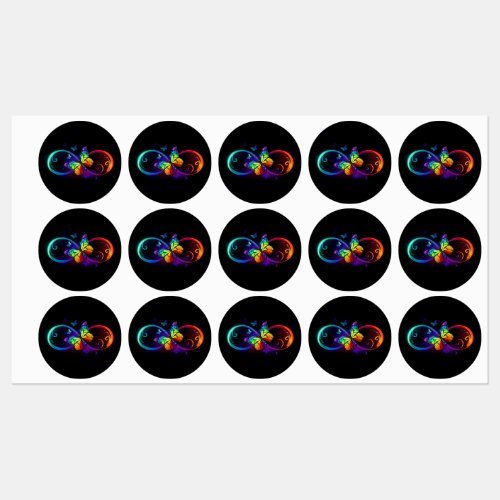 Vibrant infinity with rainbow butterfly on black labels