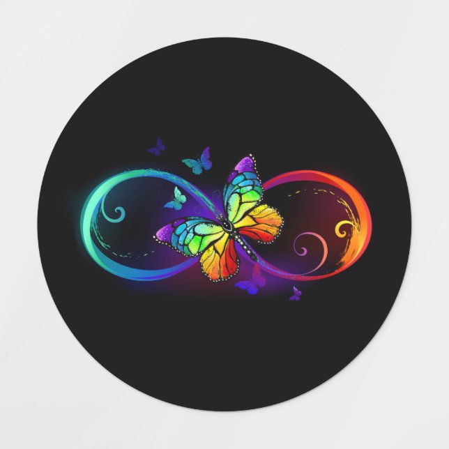 Vibrant infinity with rainbow butterfly on black labels (Design 1)