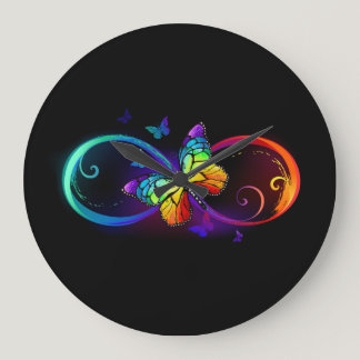 Vibrant infinity with rainbow butterfly on black large clock