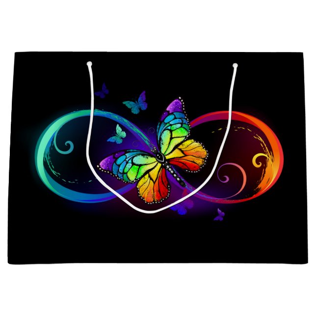 Vibrant infinity with rainbow butterfly on black  large gift bag (Front)