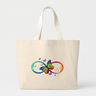 Vibrant infinity with rainbow butterfly on black  large tote bag