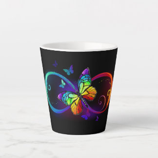 Vibrant infinity with rainbow butterfly on black latte mug