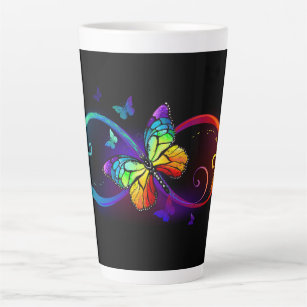Vibrant infinity with rainbow butterfly on black latte mug