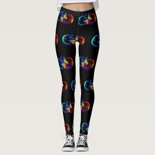 Vibrant infinity with rainbow butterfly on black leggings