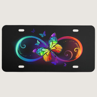 Vibrant infinity with rainbow butterfly on black license plate