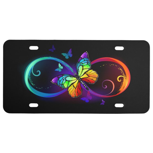 Vibrant infinity with rainbow butterfly on black license plate (Front)