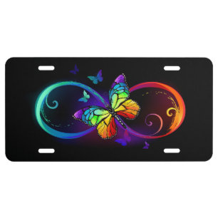 Vibrant infinity with rainbow butterfly on black license plate