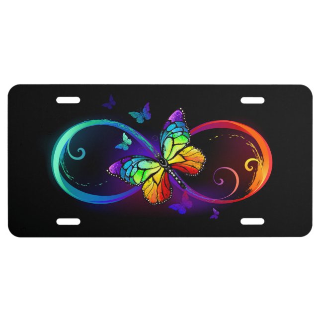 Vibrant infinity with rainbow butterfly on black license plate (Front)