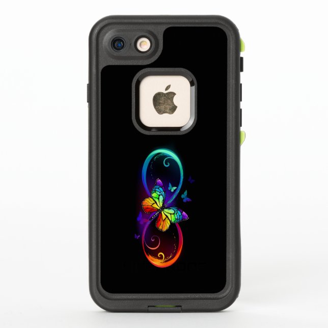Vibrant infinity with rainbow butterfly on black LifeProof iPhone case (Back)