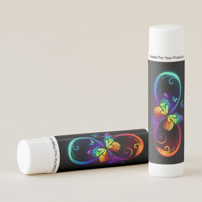 Vibrant infinity with rainbow butterfly on black lip balm (Front)