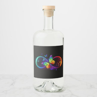Vibrant infinity with rainbow butterfly on black liquor bottle label