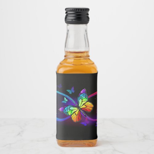 Vibrant infinity with rainbow butterfly on black liquor bottle label