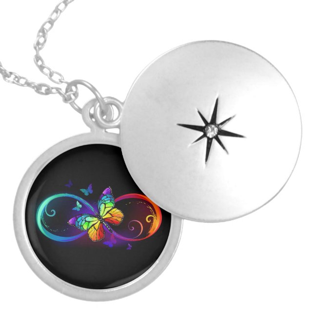 Vibrant infinity with rainbow butterfly on black locket necklace (Front)