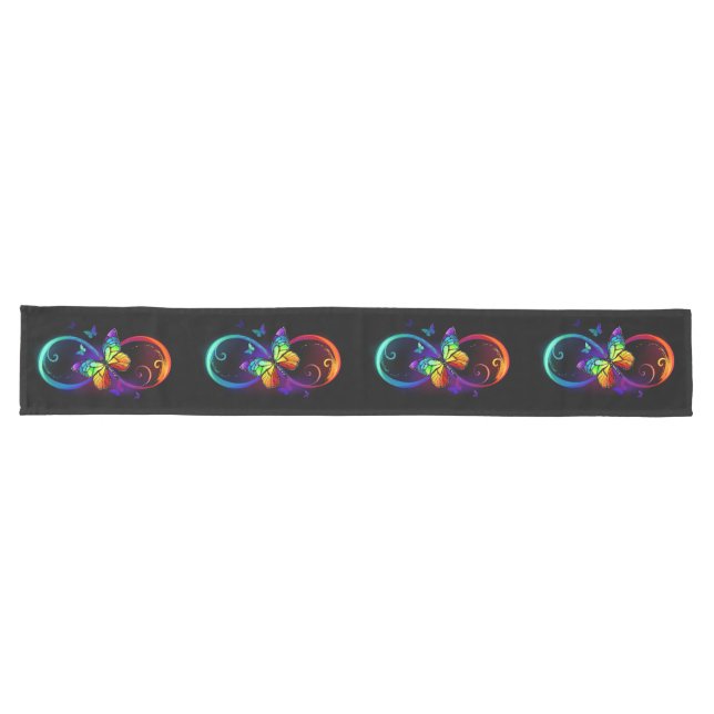 Vibrant infinity with rainbow butterfly on black long table runner (Horizontal)