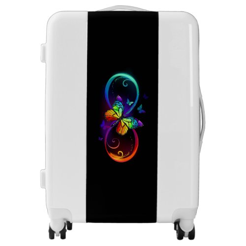 Vibrant infinity with rainbow butterfly on black luggage