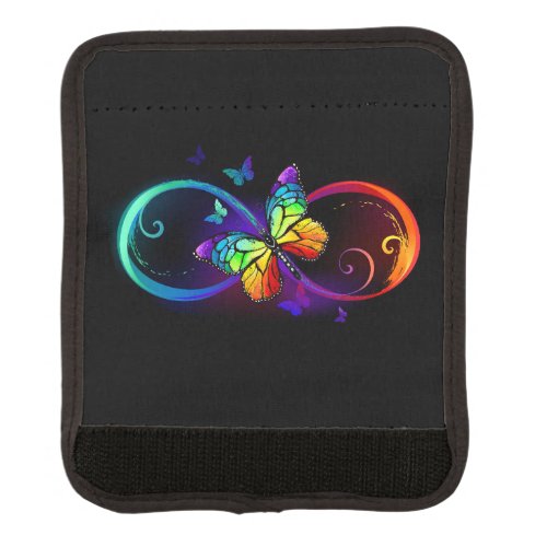 Vibrant infinity with rainbow butterfly on black luggage handle wrap