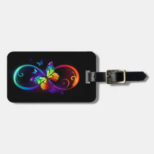 Vibrant infinity with rainbow butterfly on black luggage tag
