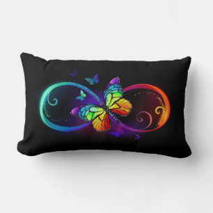 Vibrant infinity with rainbow butterfly on black lumbar pillow