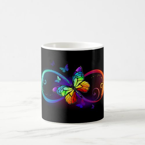 Vibrant infinity with rainbow butterfly on black magic mug