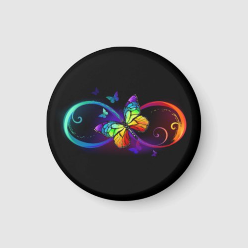 Vibrant infinity with rainbow butterfly on black magnet